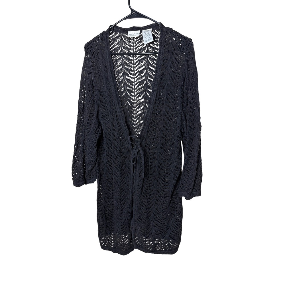 Vintage White Stag Black Crochet Duster Cardigan Tie Front Long Sleeve 16w